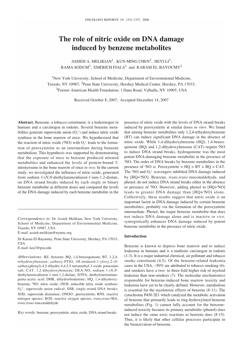 The Role of Nitric Oxide on DNA Damage Induced by Benzene Metabolites