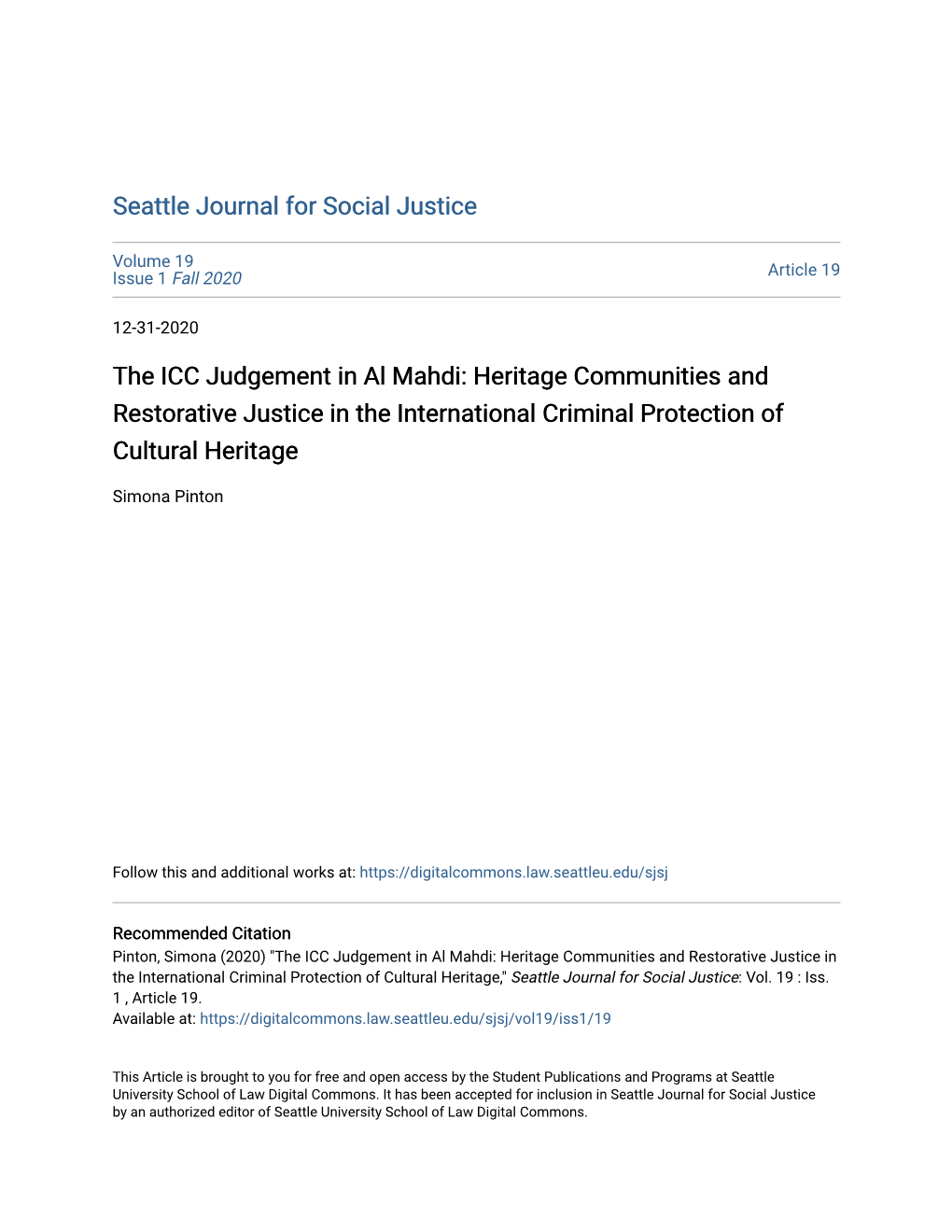 The ICC Judgement in Al Mahdi: Heritage Communities and Restorative Justice in the International Criminal Protection of Cultural Heritage