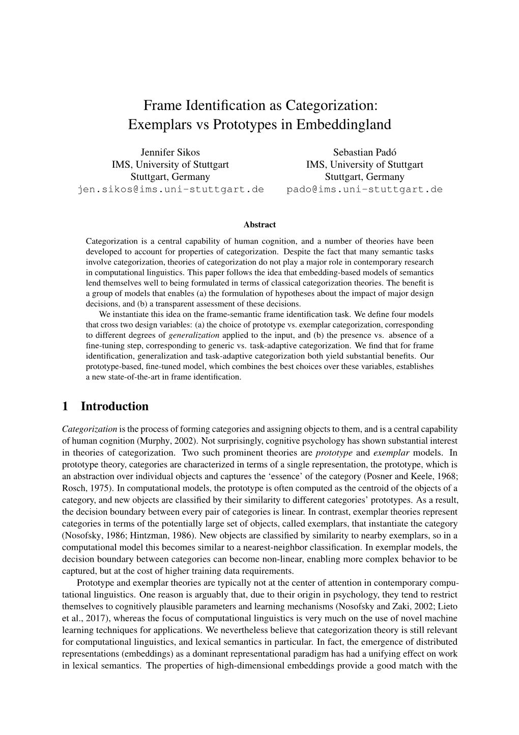 Frame Identification As Categorization: Exemplars Vs