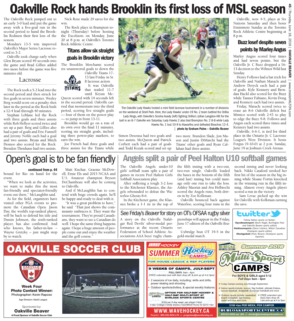 Oakville Rock Hands Brooklin Its First Loss of MSL