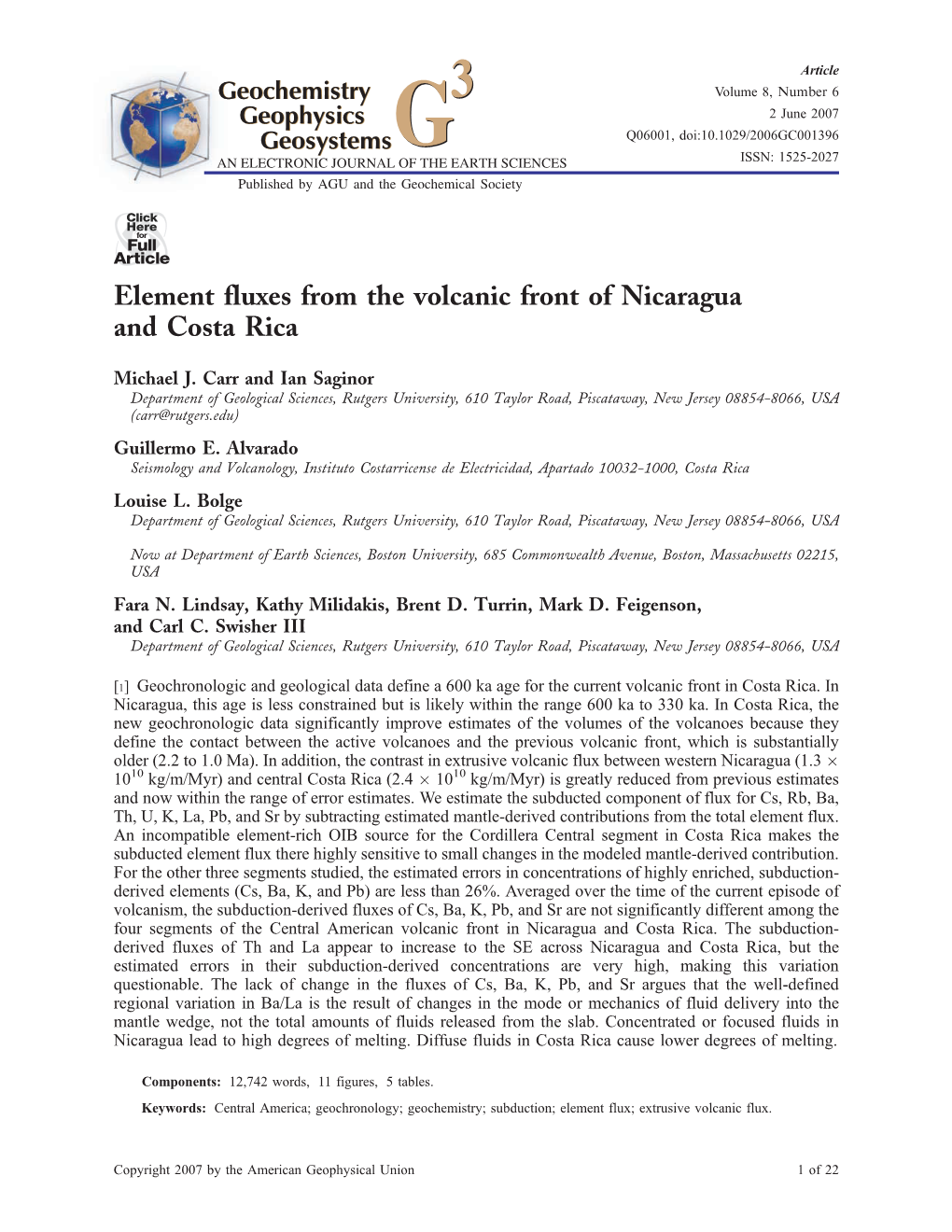 Element Fluxes from the Volcanic Front of Nicaragua and Costa Rica