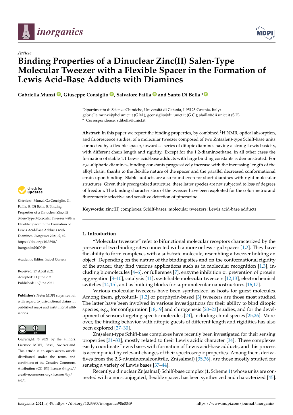 Binding Properties of a Dinuclear Zinc(II) Salen-Type Molecular Tweezer with a Flexible Spacer in the Formation of Lewis Acid-Base Adducts with Diamines