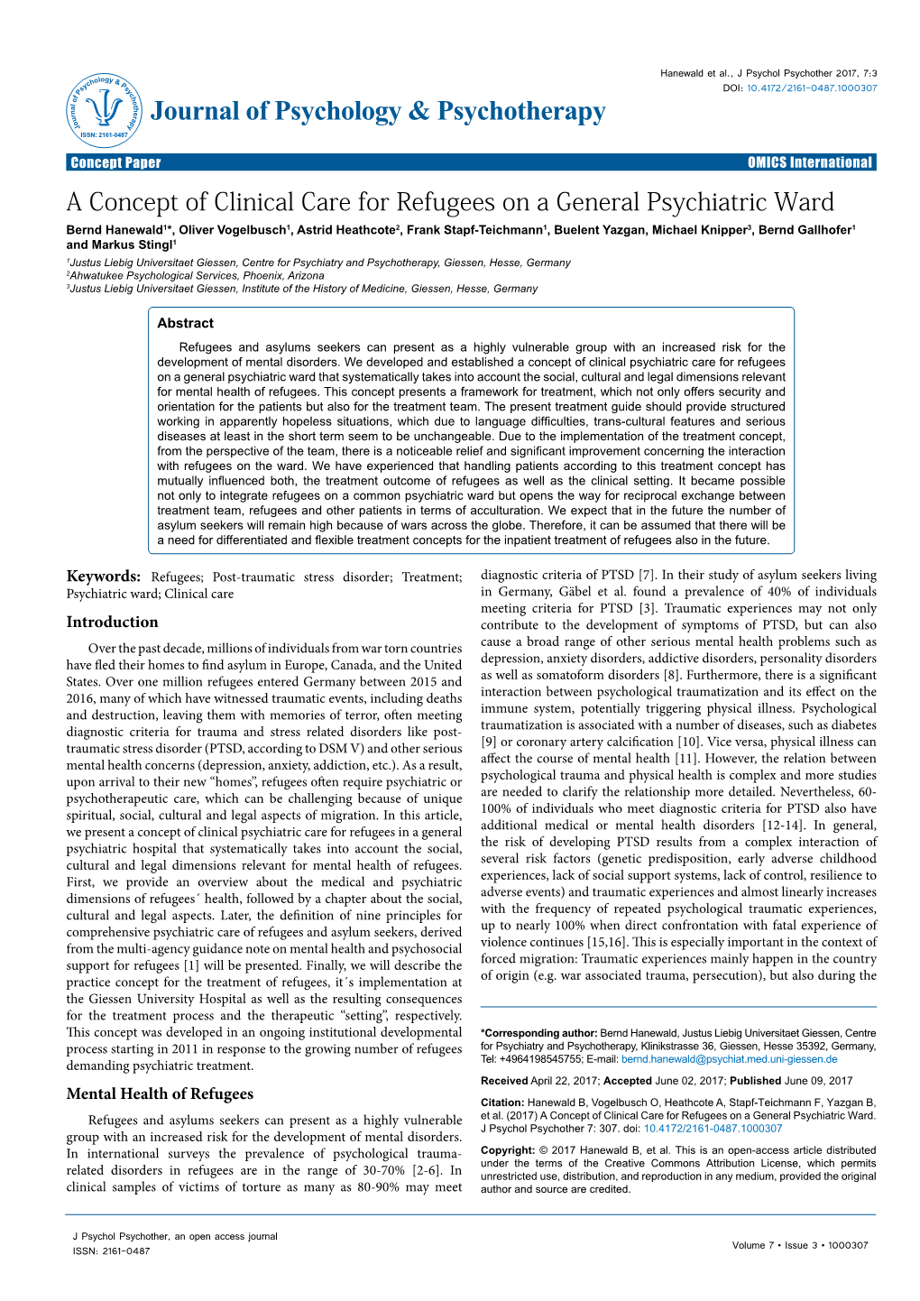 A Concept of Clinical Care for Refugees on a General Psychiatric