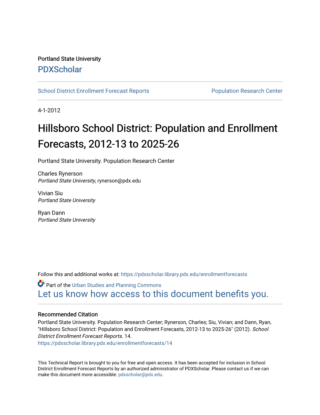 Hillsboro School District: Population and Enrollment Forecasts, 2012-13 to 2025-26
