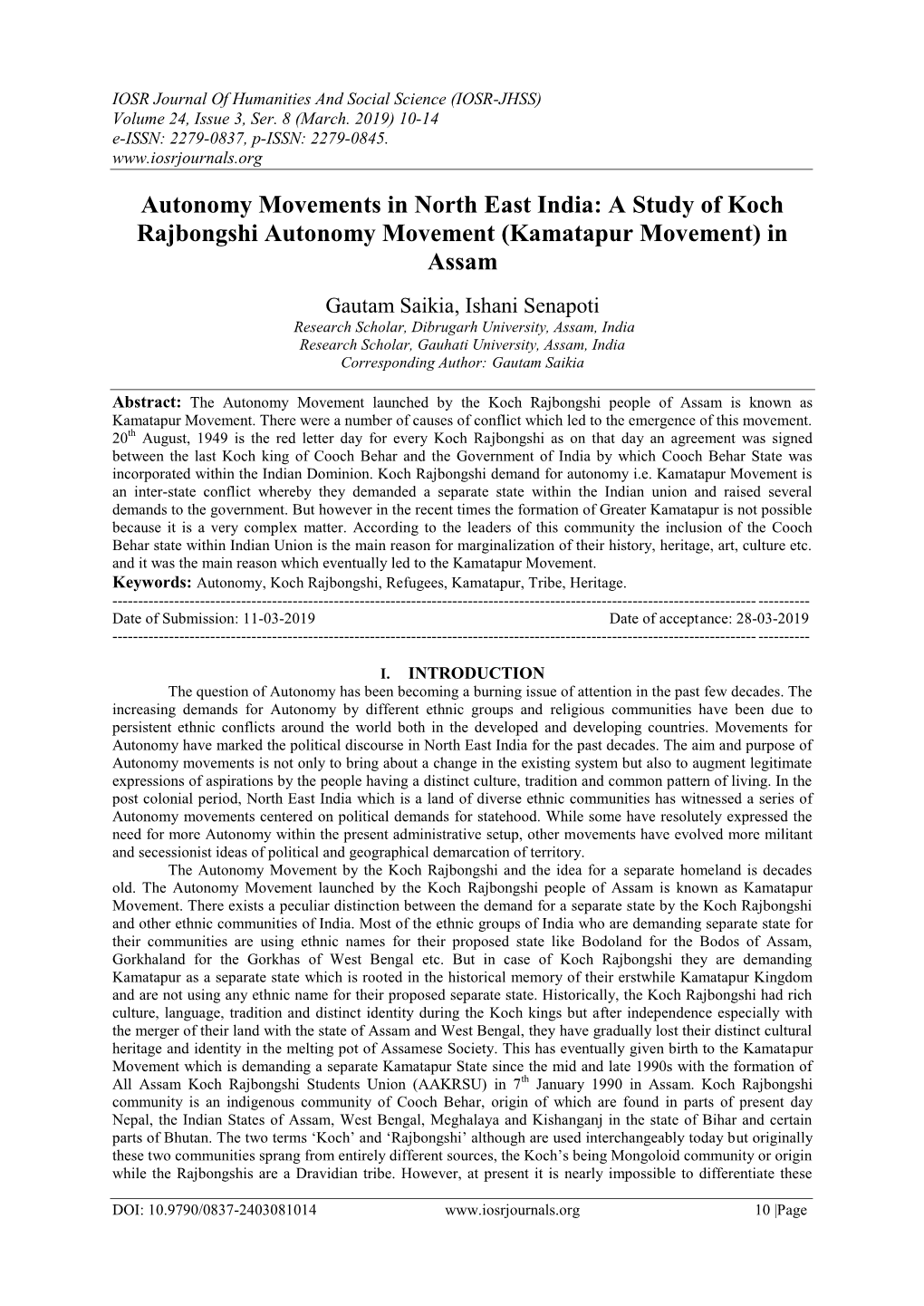 Autonomy Movements in North East India: a Study of Koch Rajbongshi Autonomy Movement (Kamatapur Movement) in Assam