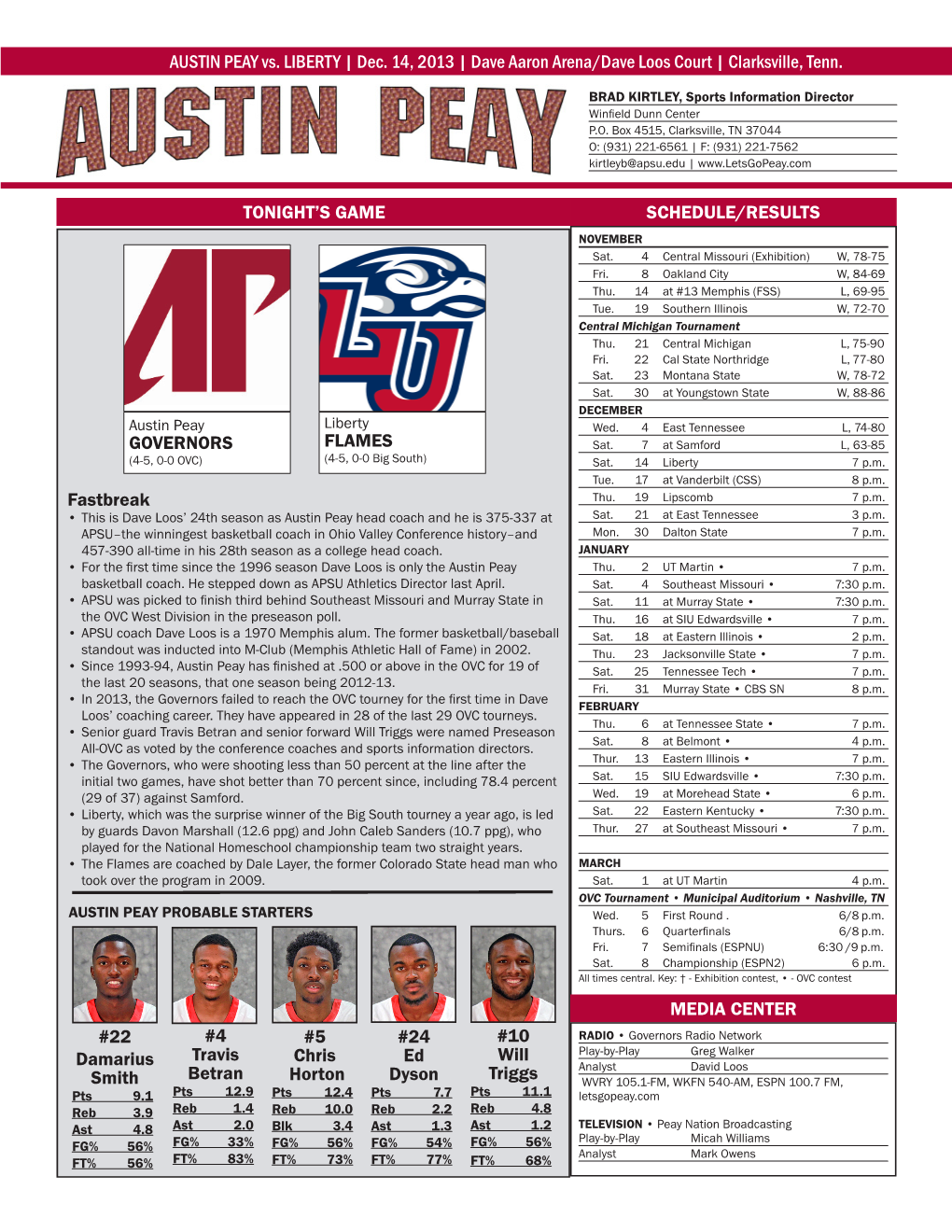 25 #25 AUSTIN PEAY Vs. LIBERTY | Dec. 14, 2013 | Dave Aaron Arena/Dave Loos Court | Clarksville, Tenn. SCHEDULE/RESULTS MEDIA C