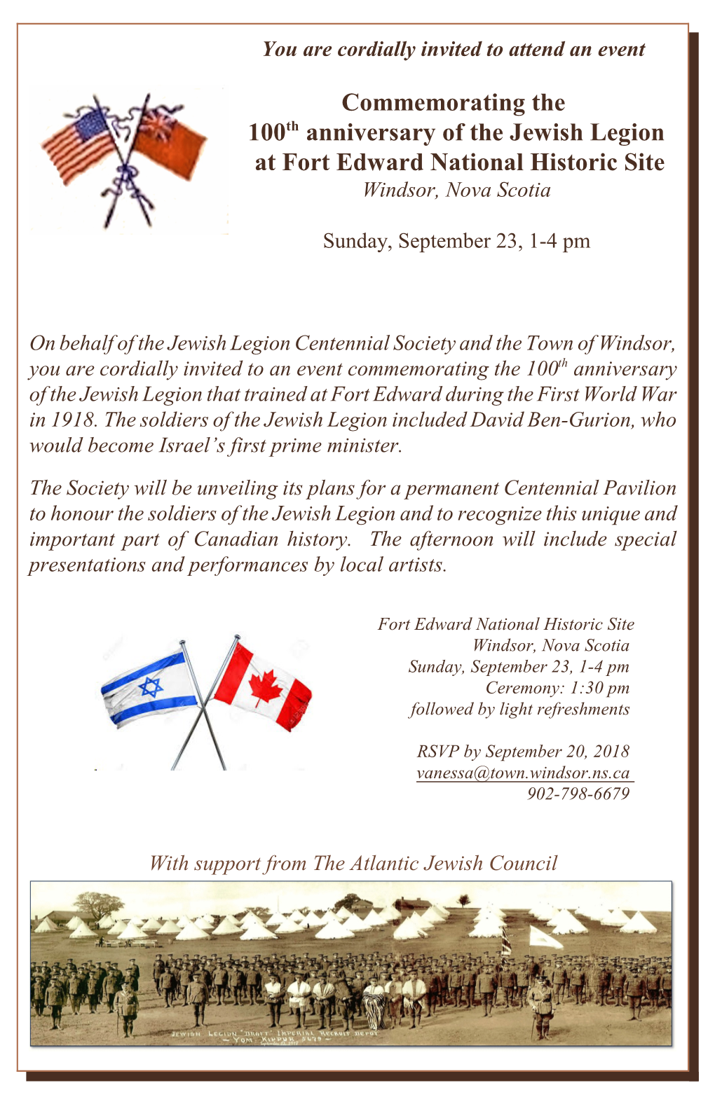 Commemorating the 100Th Anniversary of the Jewish Legion at Fort Edward National Historic Site Windsor, Nova Scotia