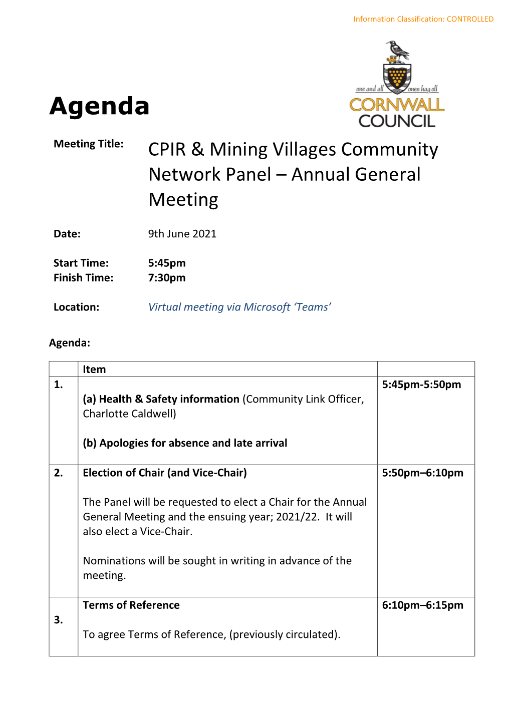 CPIR and MV AGM Agenda 9 June 2021