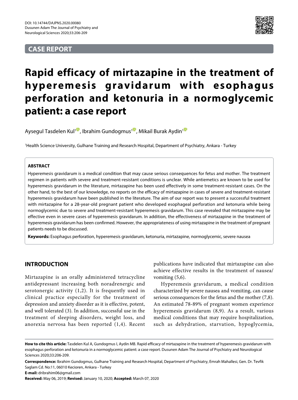 Rapid Efficacy of Mirtazapine in the Treatment of Hyperemesis Gravidarum with Esophagus Perforation and Ketonuria in a Normoglycemic Patient: a Case Report