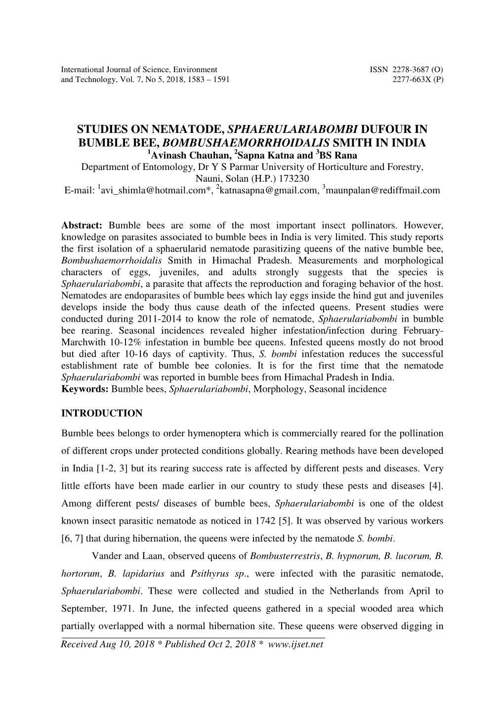 Studies on Nematode, Sphaerulariabombi Dufour