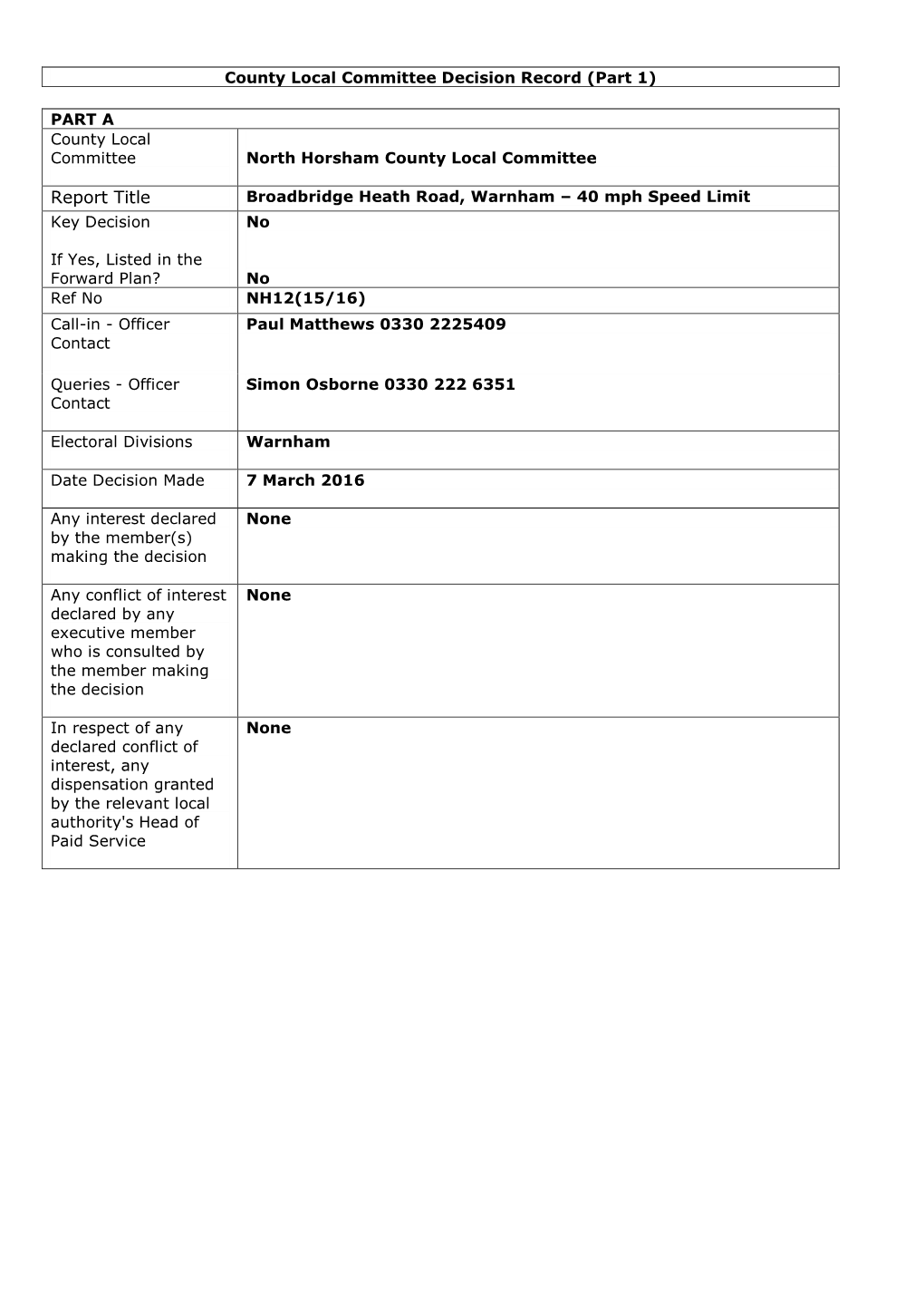 Broadbridge Heath Road, Warnham – 40 Mph Speed Limit Key Decision No