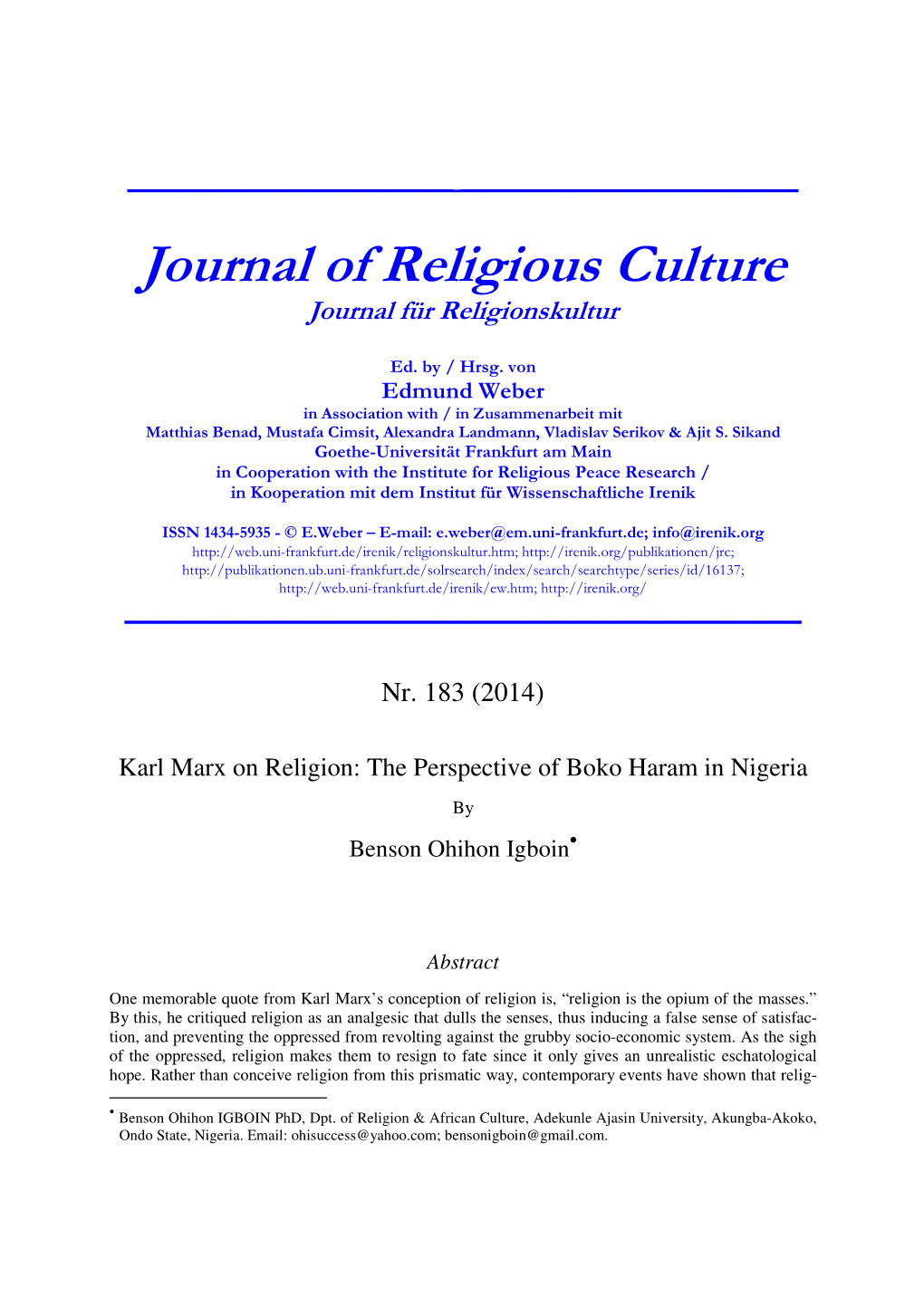 Journal of Religious Culture Journal Für Religionskultur