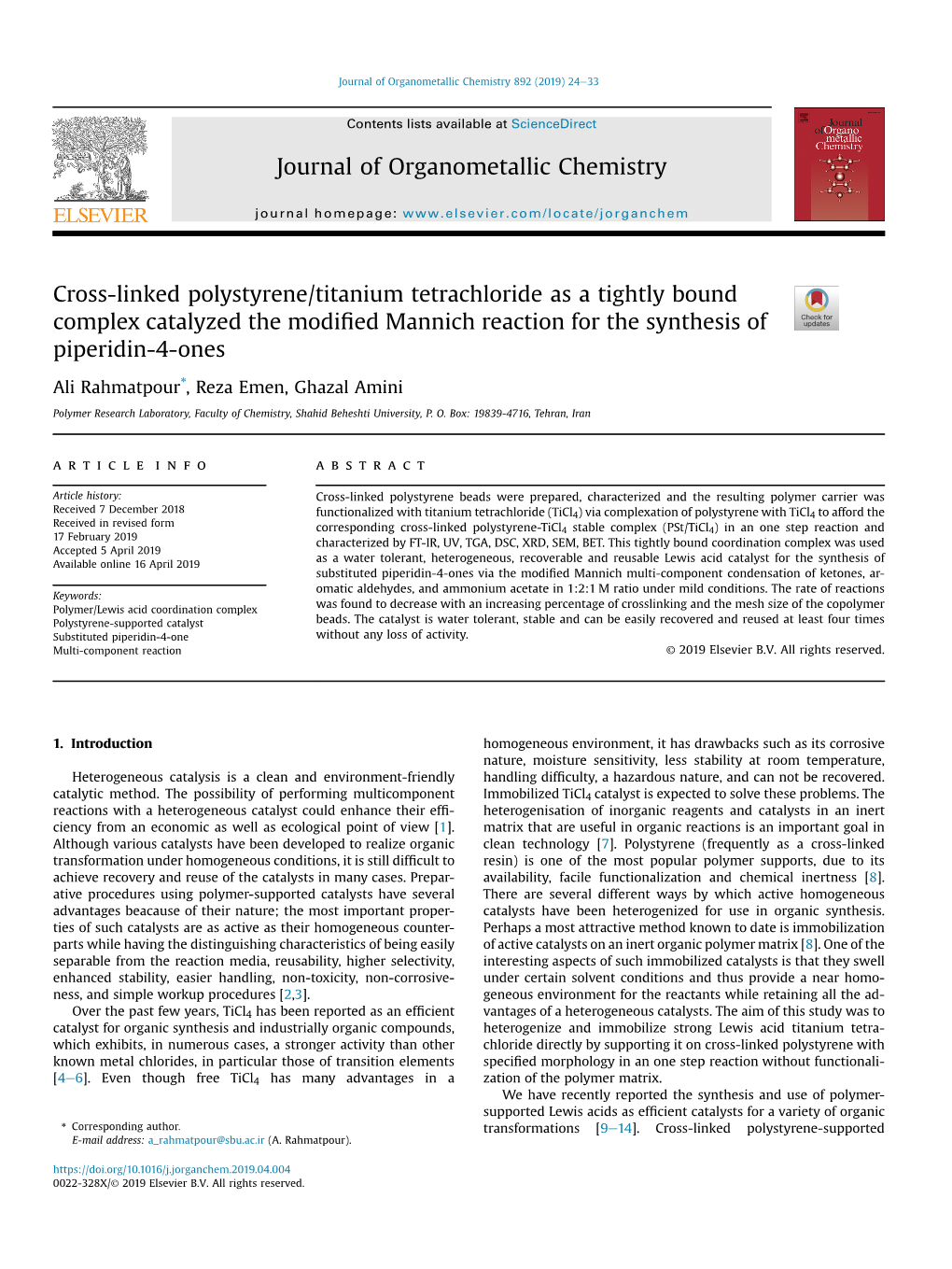 Cross-Linked Polystyrene/Titanium Tetrachloride As a Tightly Bound Complex Catalyzed the Modiﬁed Mannich Reaction for the Synthesis of Piperidin-4-Ones