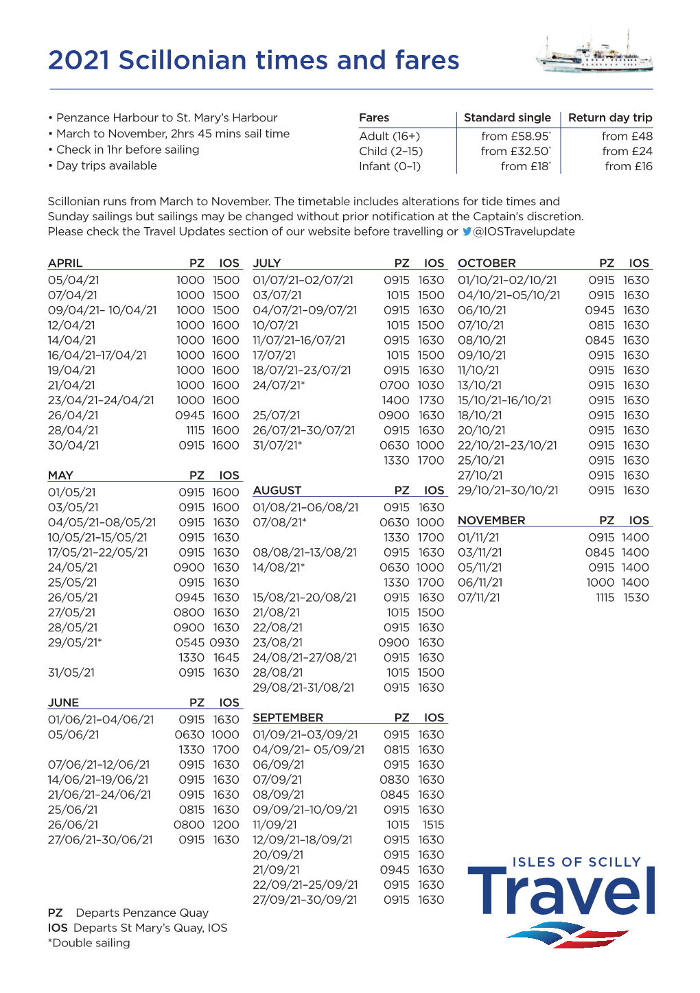 2021 Scillonian Times and Fares