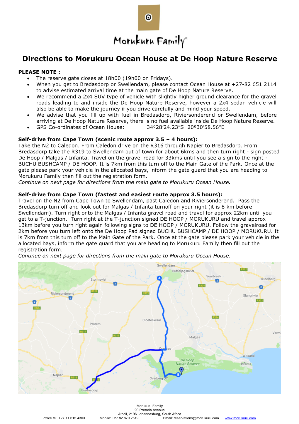 Directions to Morukuru Ocean House at De Hoop Nature Reserve