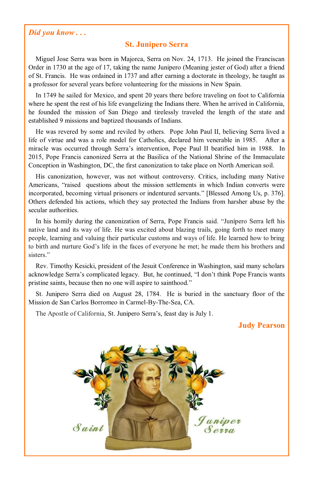 Did You Know . . . St. Junipero Serra Judy Pearson