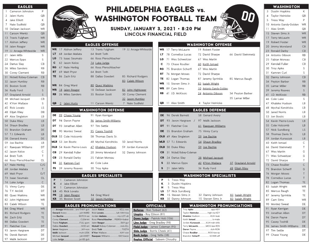 PHILADELPHIA EAGLES Vs. WASHINGTON FOOTBALL TEAM