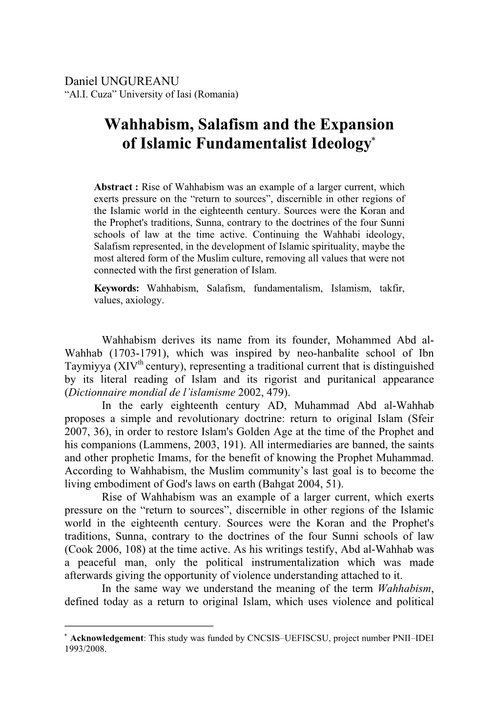 Wahhabism, Salafism and the Expansion of Islamic Fundamentalist Ideology∗