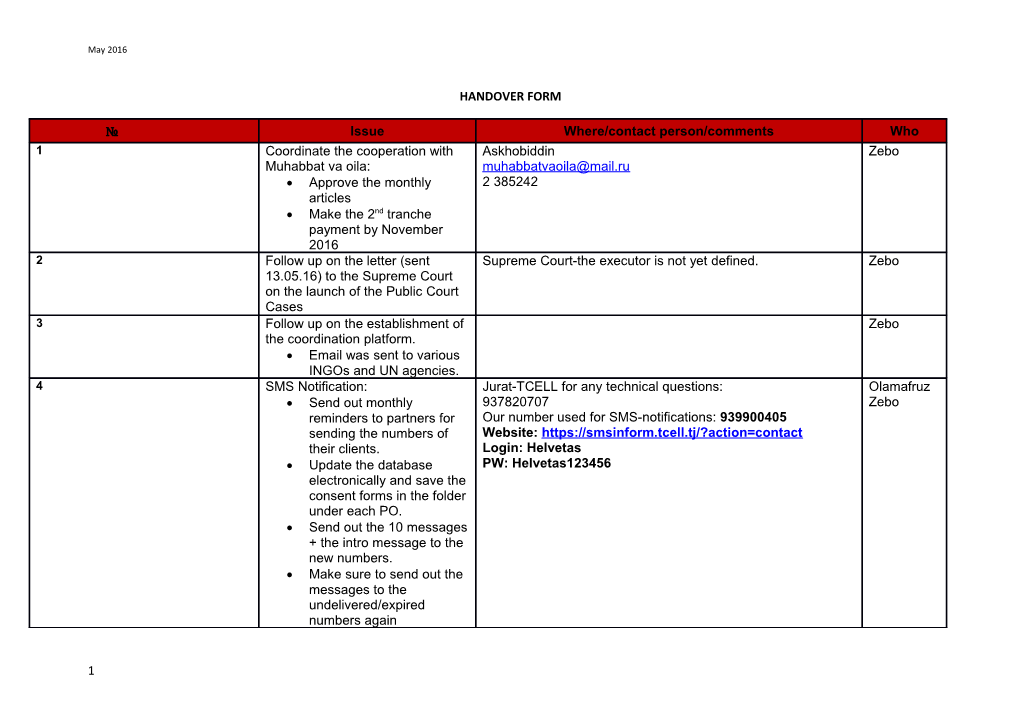 Handover Form