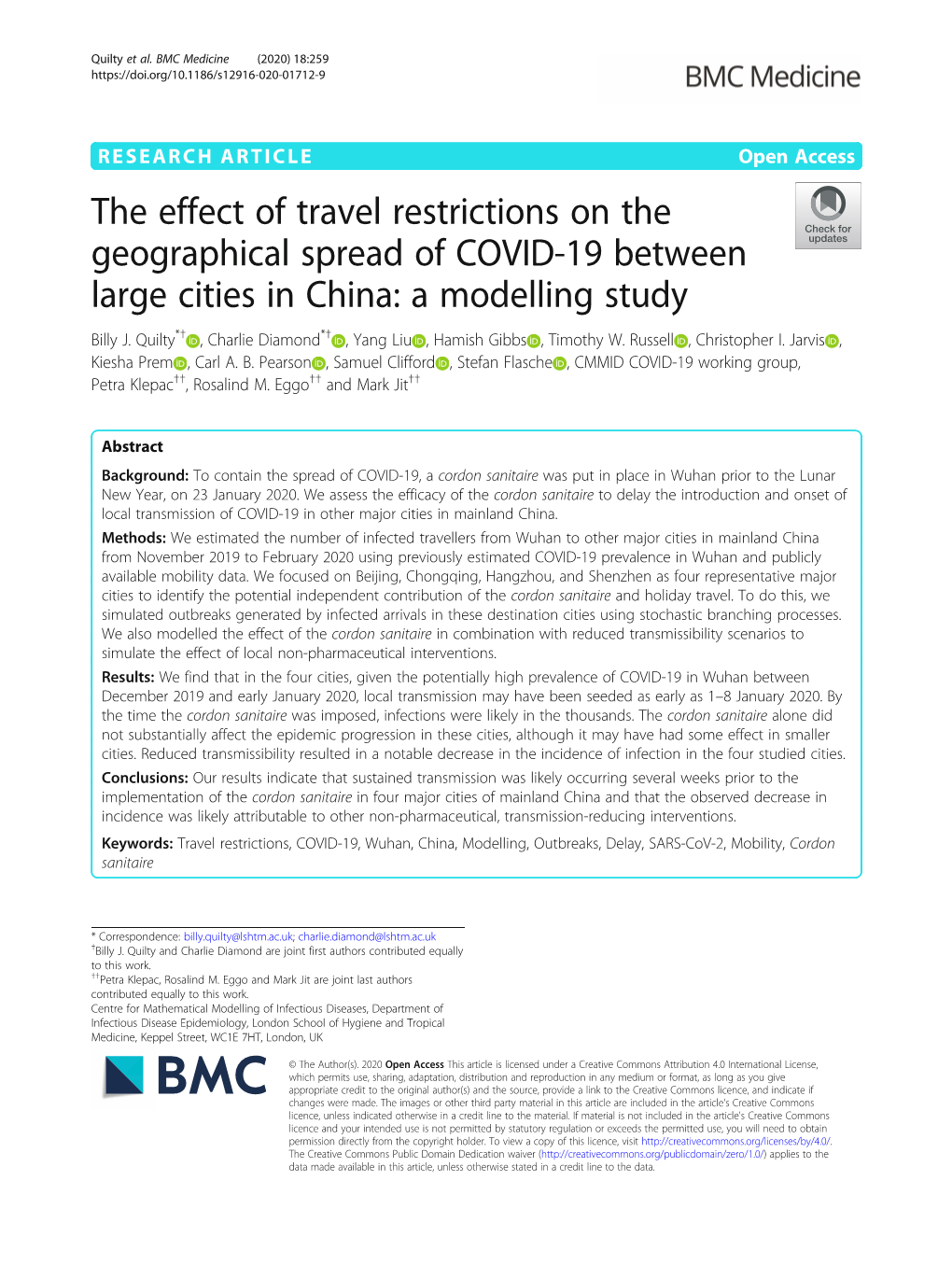 The Effect of Travel Restrictions on the Geographical Spread of COVID-19 Between Large Cities in China: a Modelling Study Billy J