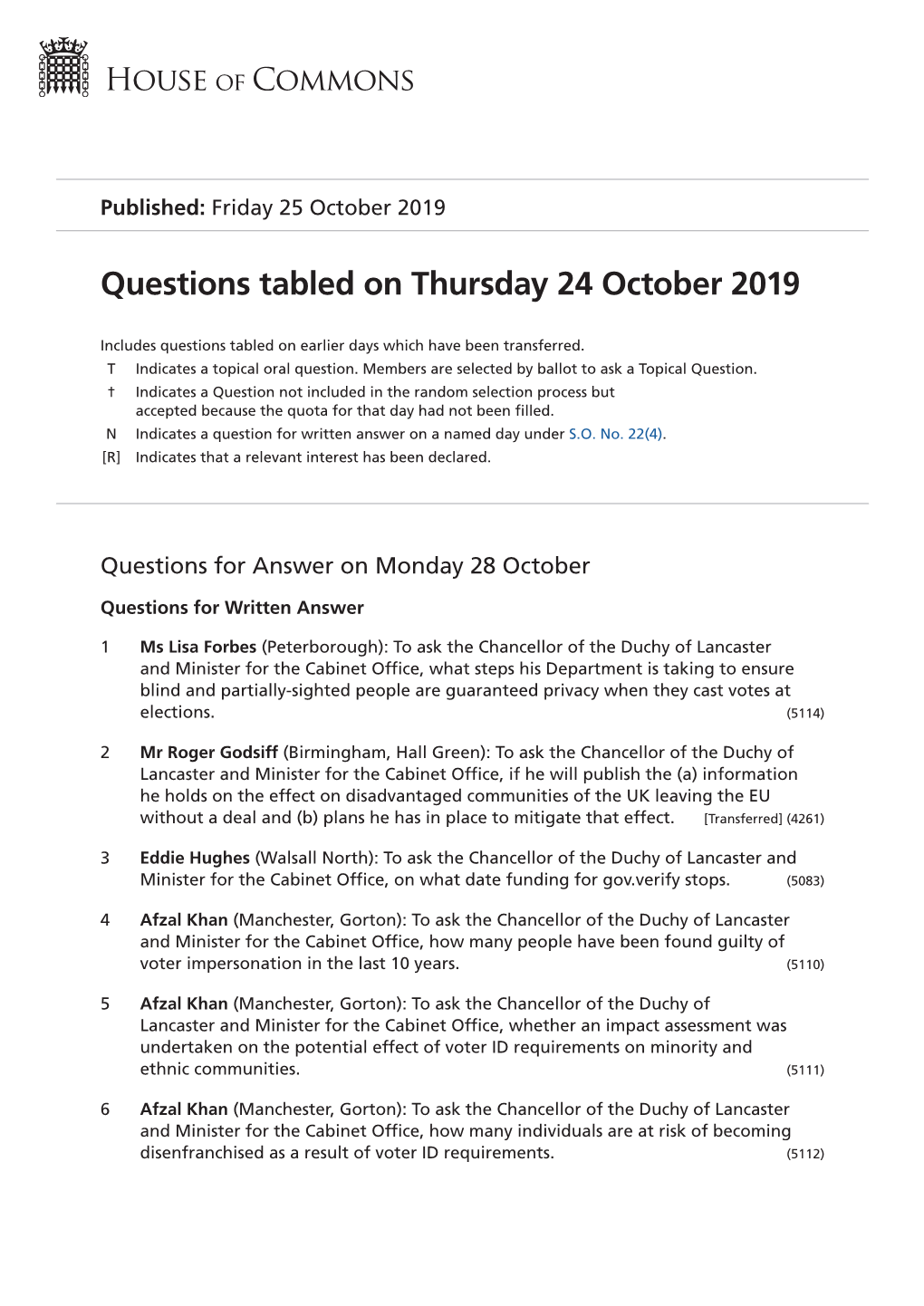 Questions Tabled on Thu 24 Oct 2019