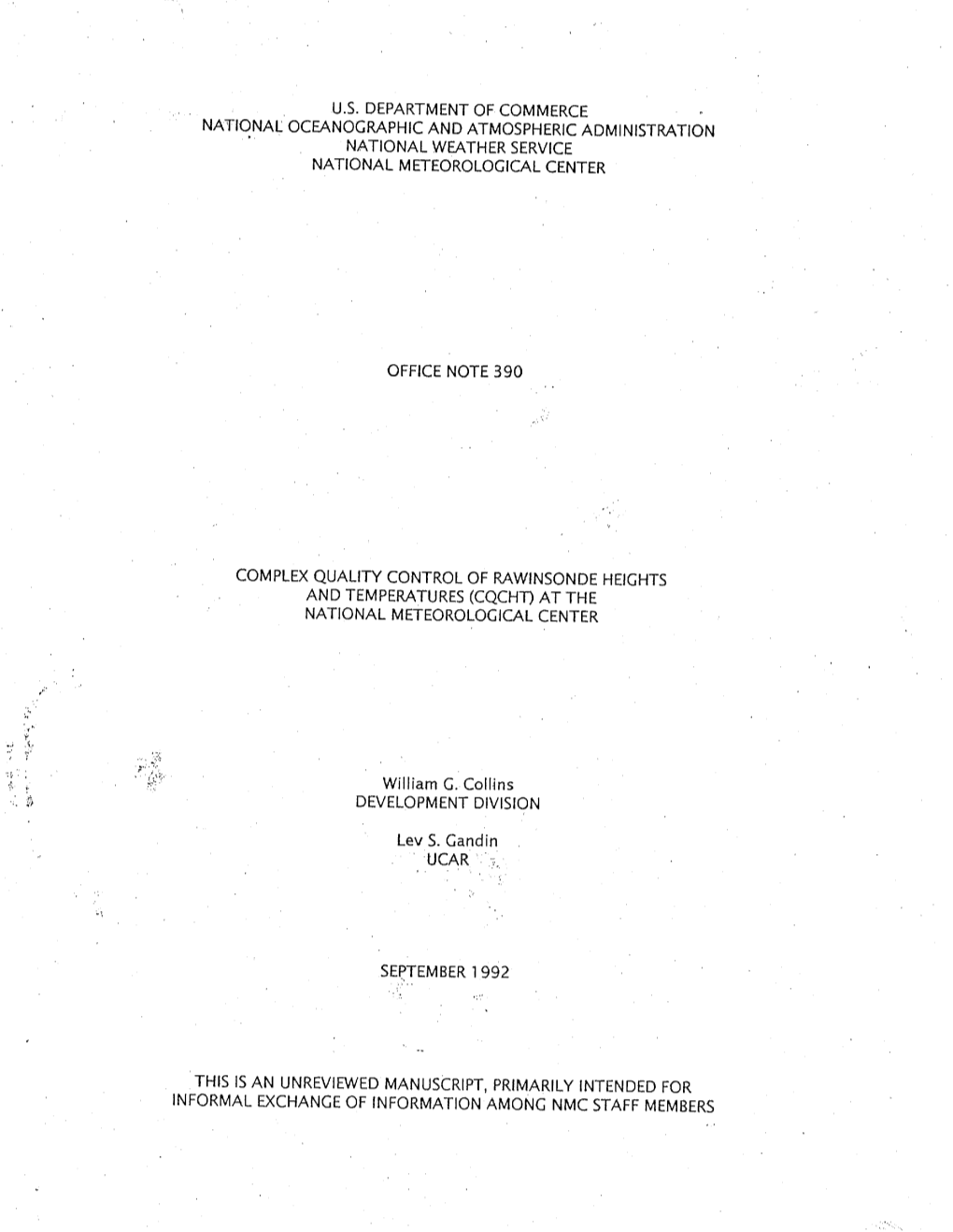 NATIONAL OCEANOGRAPHIC and ATMOSPHERIC ADMINISTRATION and TEMPERATURES (CQCHT) at the William G. Collins Lev S. Gandin UCAR