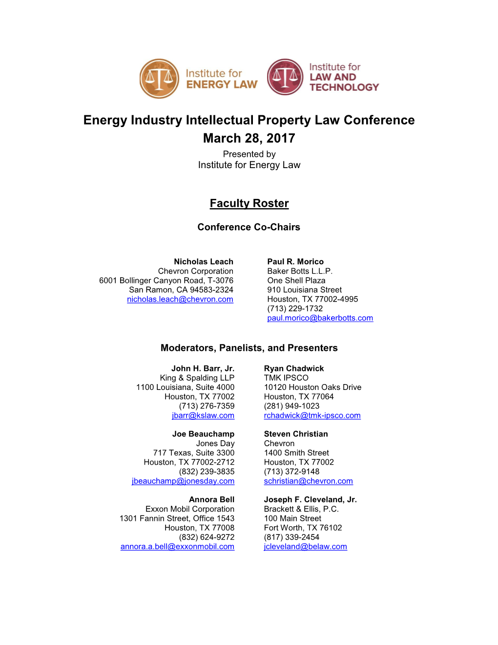 Energy Industry Intellectual Property Law Conference March 28, 2017 Presented by Institute for Energy Law