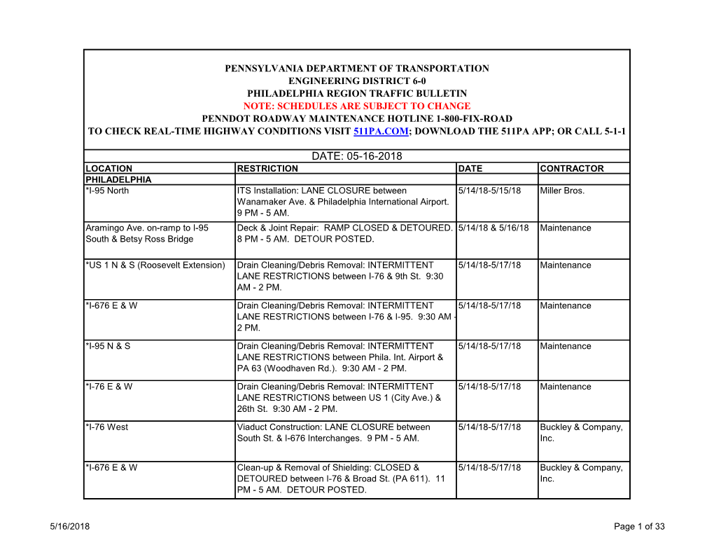 DATE: 05-16-2018 LOCATION RESTRICTION DATE CONTRACTOR PHILADELPHIA *I-95 North ITS Installation: LANE CLOSURE Between 5/14/18-5/15/18 Miller Bros