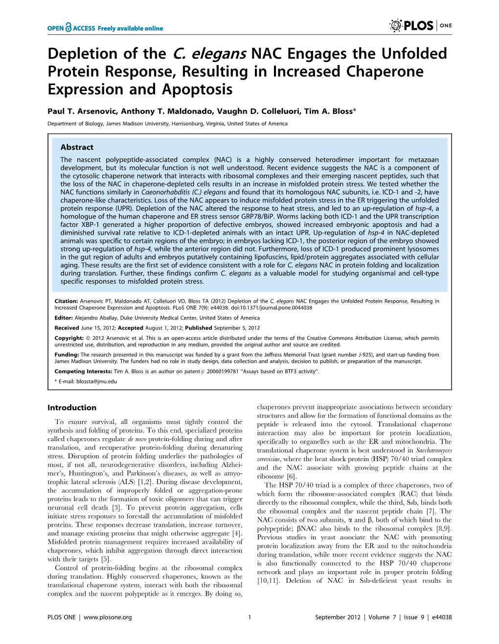 Depletion of the C. Elegans NAC Engages the Unfolded Protein Response, Resulting in Increased Chaperone Expression and Apoptosis