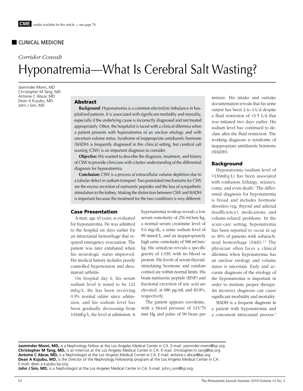 Hyponatremia—What Is Cerebral Salt Wasting?