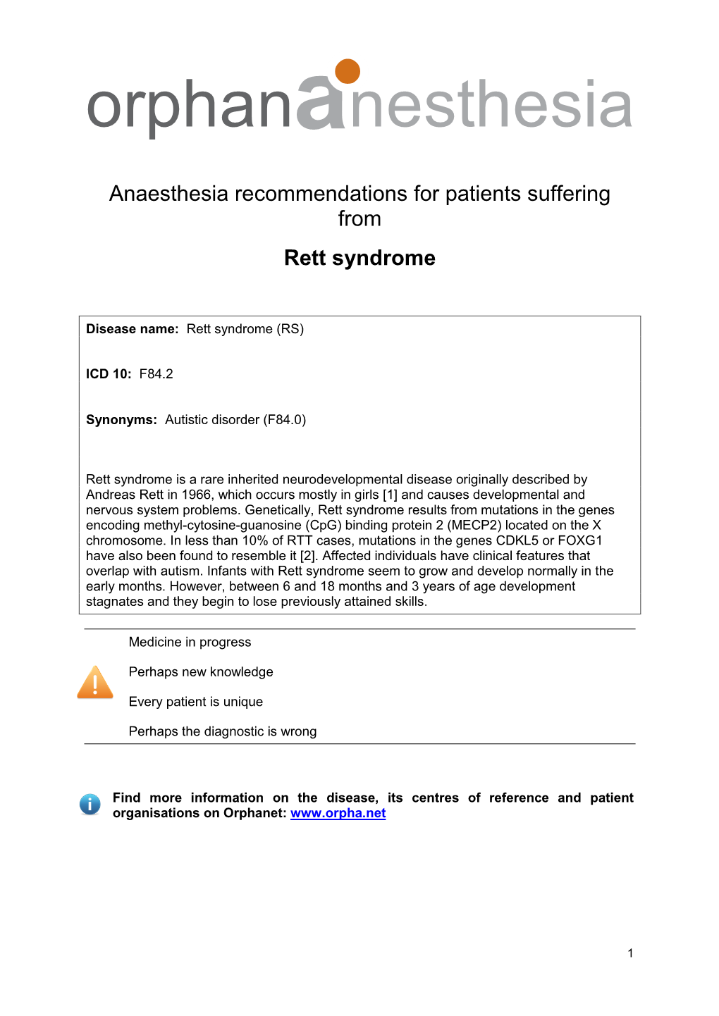 Anaesthesia Recommendations for Patients Suffering from Rett Syndrome