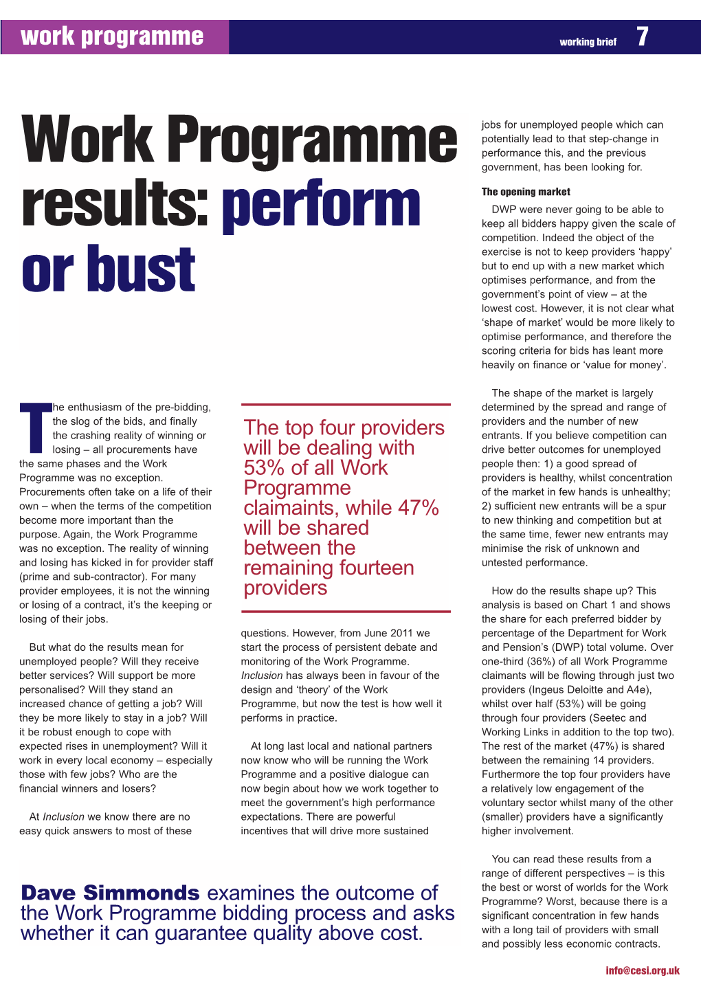 Work Programme Results Perform Or Bust Dave Simmonds Working Brief