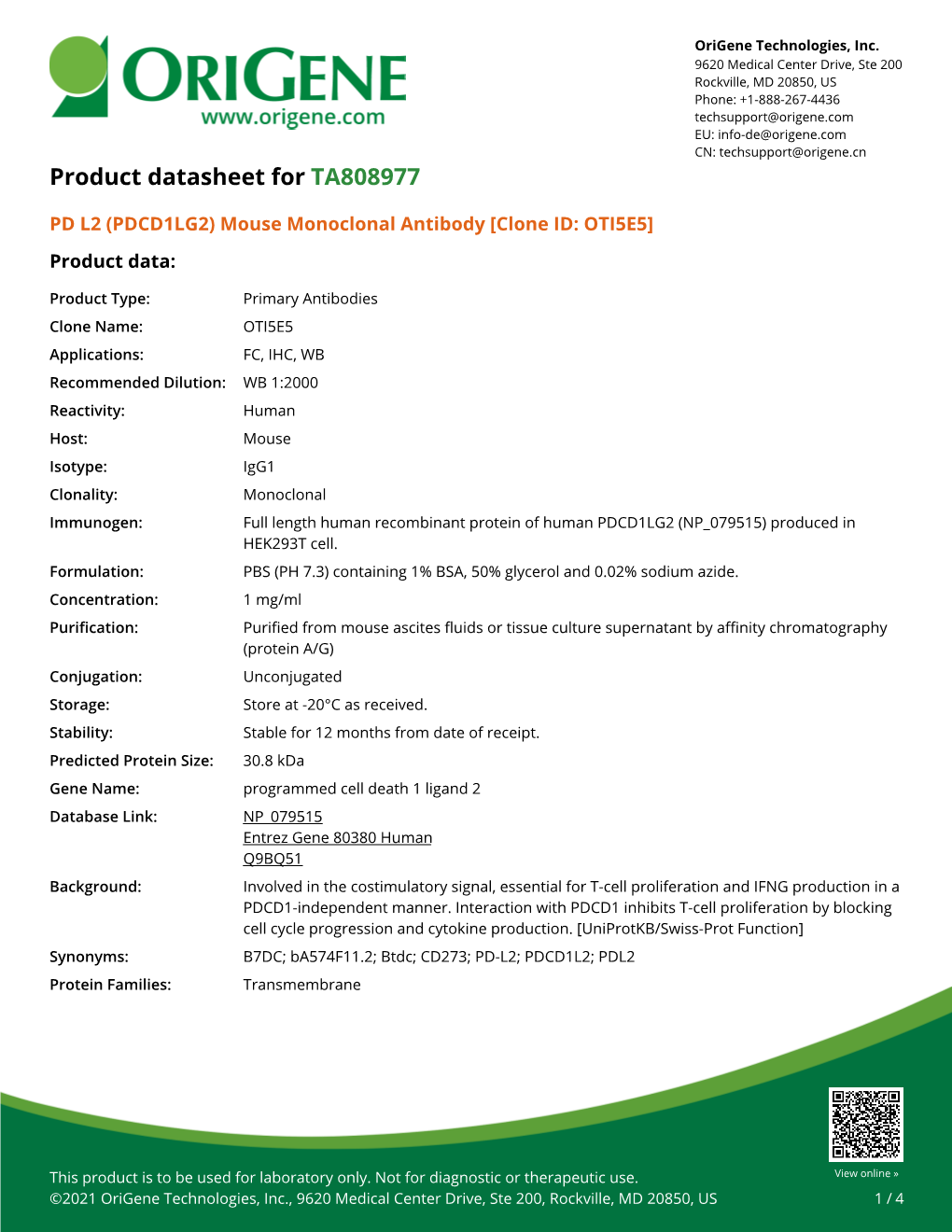 (PDCD1LG2) Mouse Monoclonal Antibody [Clone ID: OTI5E5] Product Data