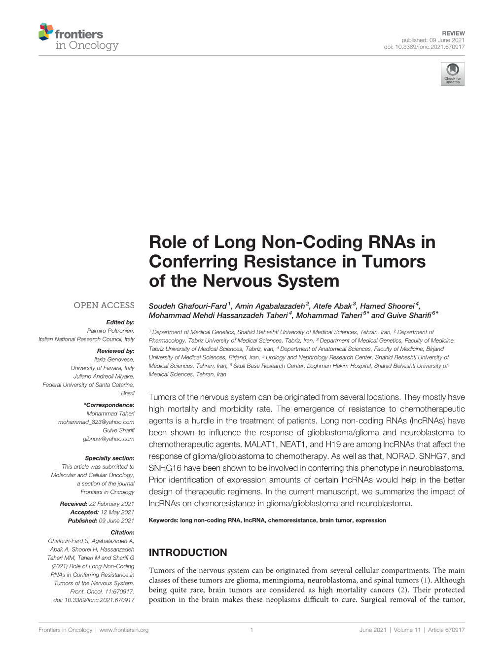Role of Long Non-Coding Rnas in Conferring Resistance in Tumors of the Nervous System
