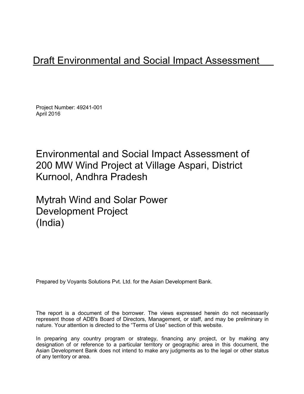 Environmental and Social Impact Assessment of 200 MW Wind Project at Village Aspari, District Kurnool, Andhra Pradesh