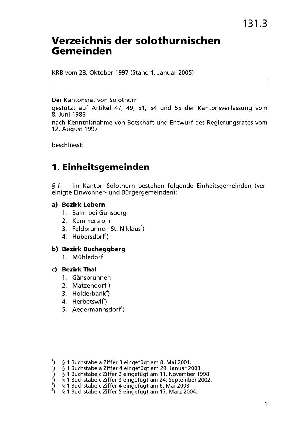 131.3 Verzeichnis Der Solothurnischen Gemeinden