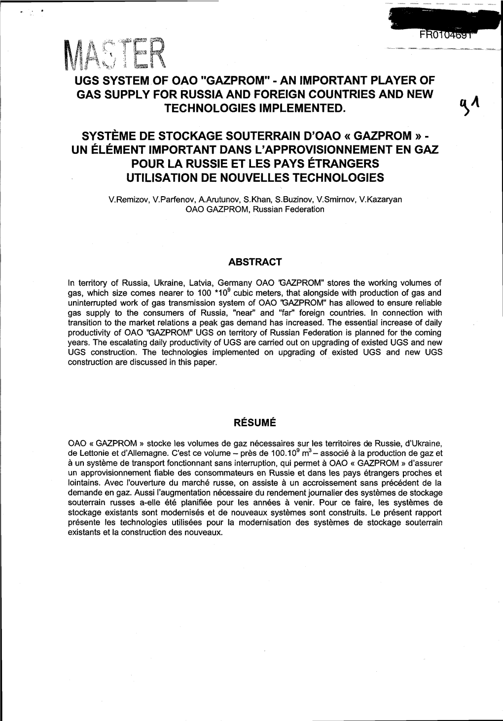 Ugs System of Oao “Gazprom” - an Important Player of Gas Supply for Russia and Foreign Countries and New Technologies Implemented