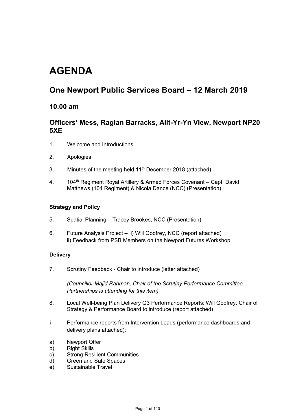 One Newport Public Services Board – 12 March 2019