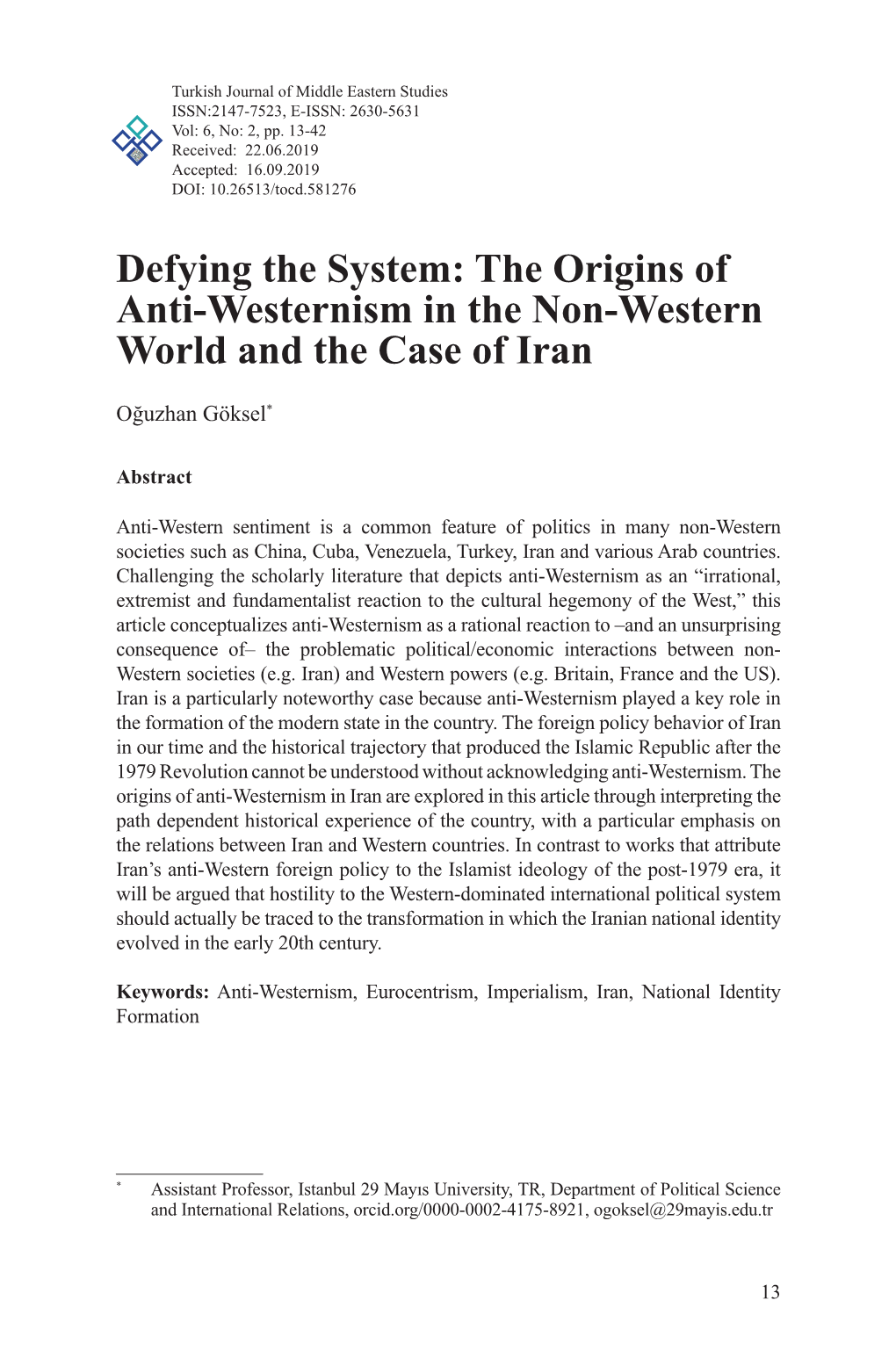 Defying the System: the Origins of Anti-Westernism in the Non-Western World and the Case of Iran