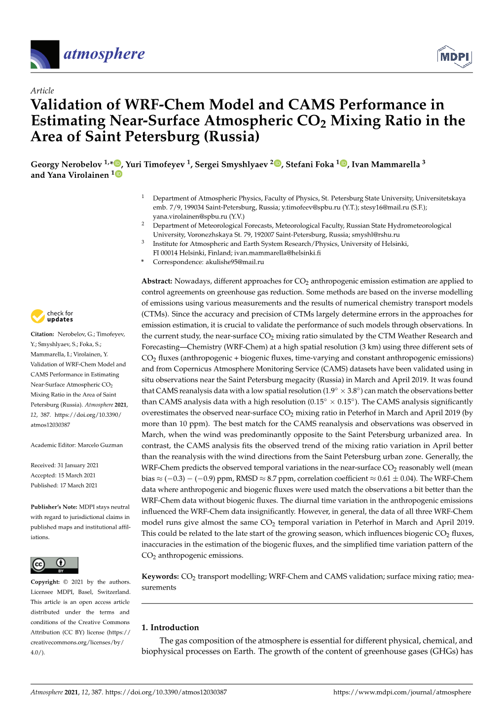 Validation of WRF-Chem Model and CAMS Performance in Estimating Near-Surface Atmospheric CO2 Mixing Ratio in the Area of Saint Petersburg (Russia)