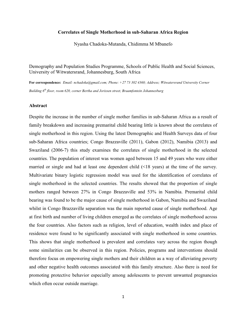 Correlates of Single Motherhood in Sub-Saharan Africa Region Nyasha