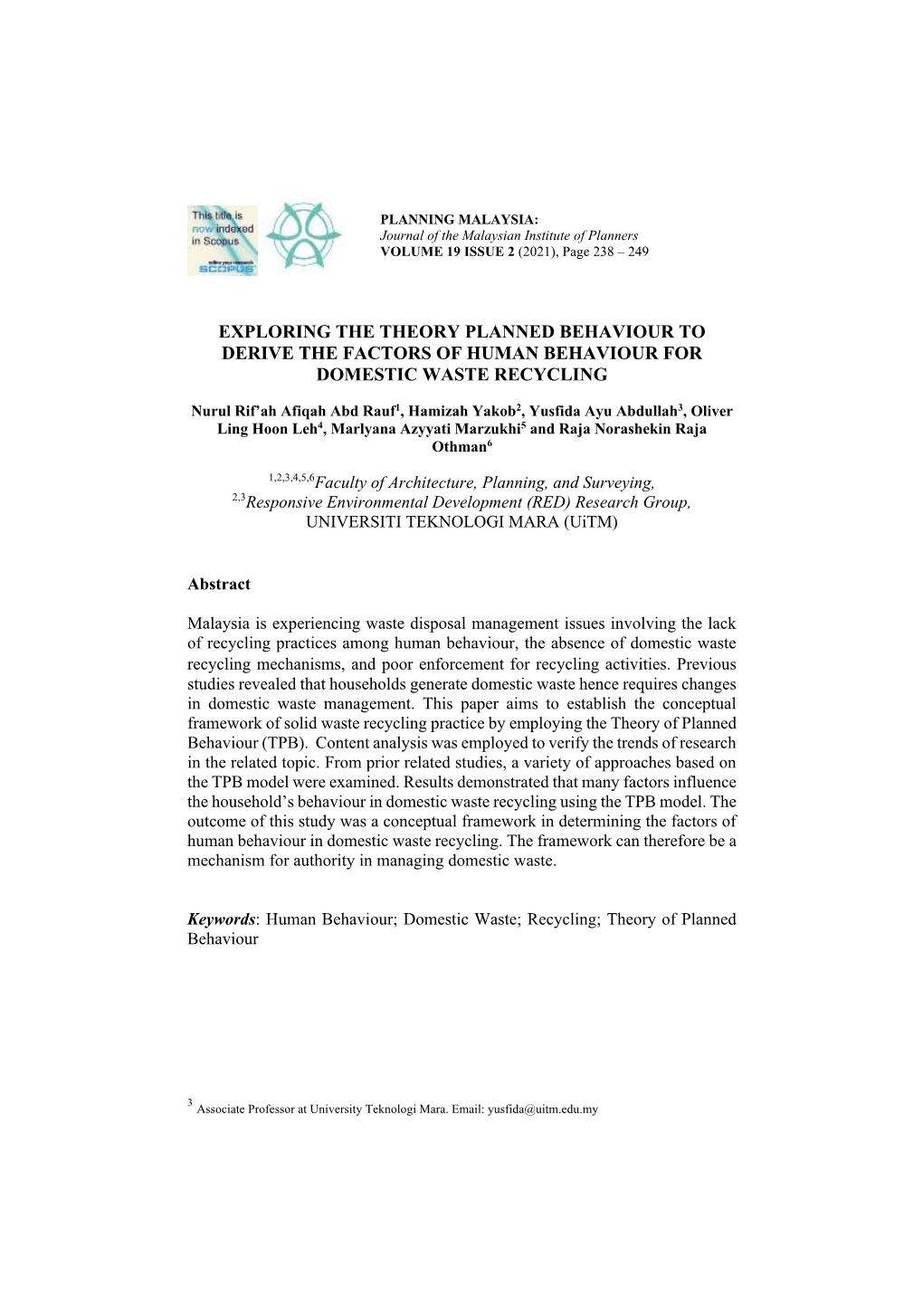 Exploring the Theory Planned Behaviour to Derive the Factors of Human Behaviour for Domestic Waste Recycling