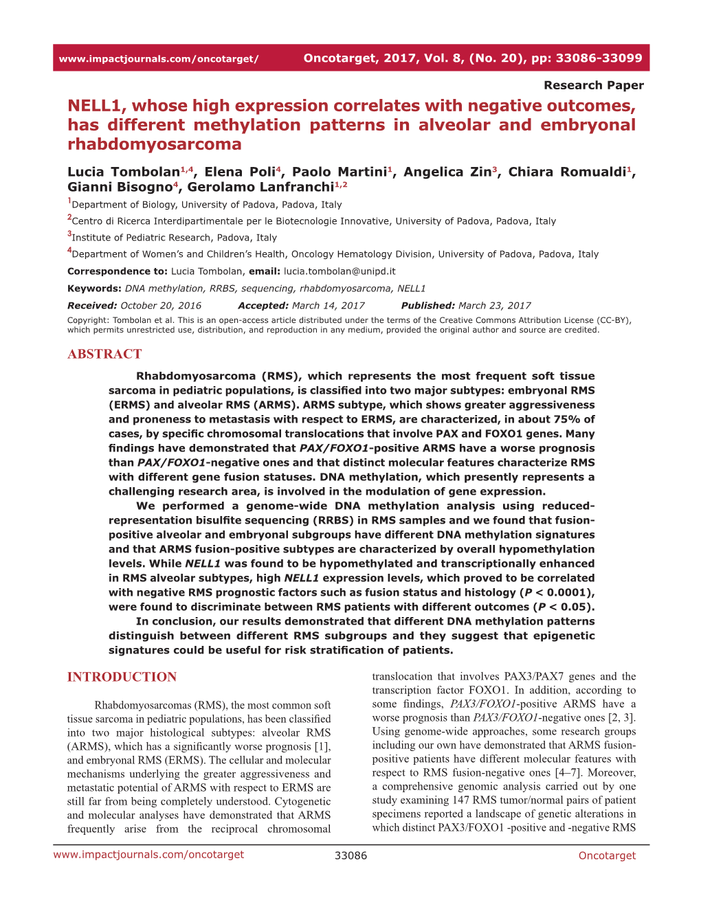 NELL1, Whose High Expression Correlates with Negative Outcomes, Has Different Methylation Patterns in Alveolar and Embryonal Rhabdomyosarcoma