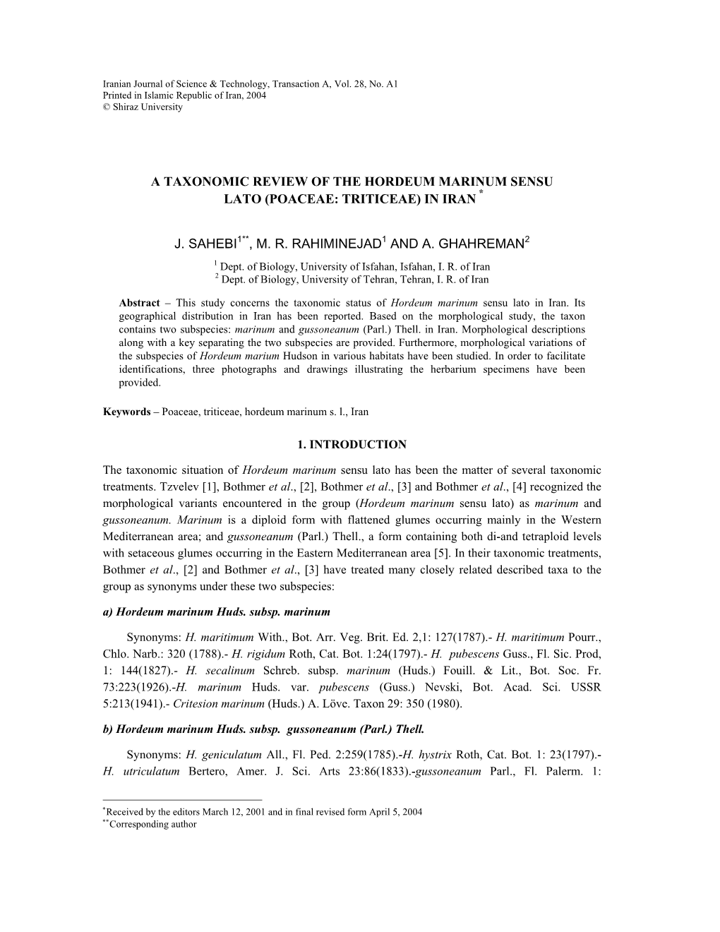 A Taxonomic Review of the Hordeum Marinum Sensu Lato (Poaceae: Triticeae) in Iran *