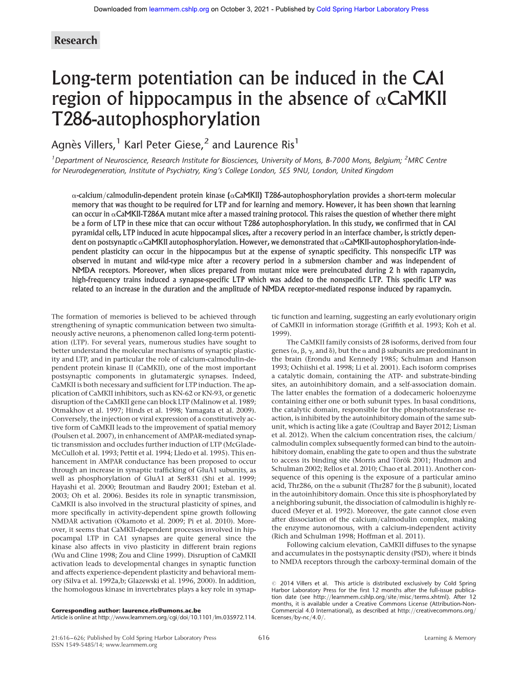 Long-Term Potentiation Can Be Induced in the CA1 Region of Hippocampus in the Absence of Acamkii T286-Autophosphorylation