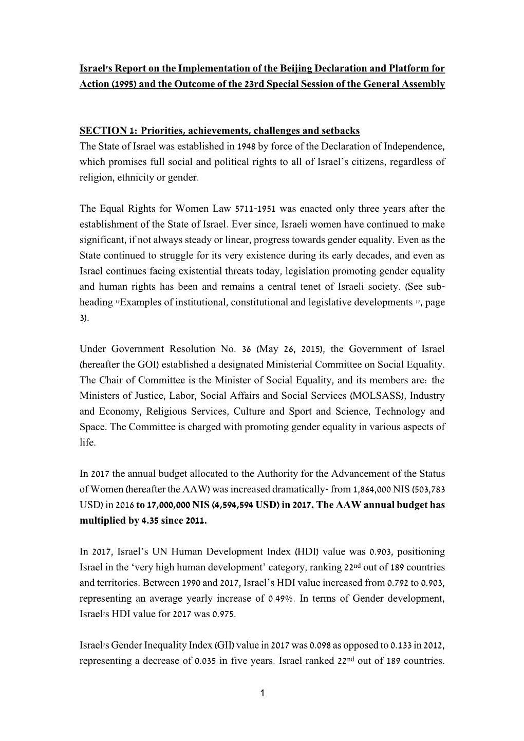 Israel's Report on the Implementation of the Beijing Declaration and Platform for Action (1995) and the Outcome of the 23Rd Special Session of the General Assembly