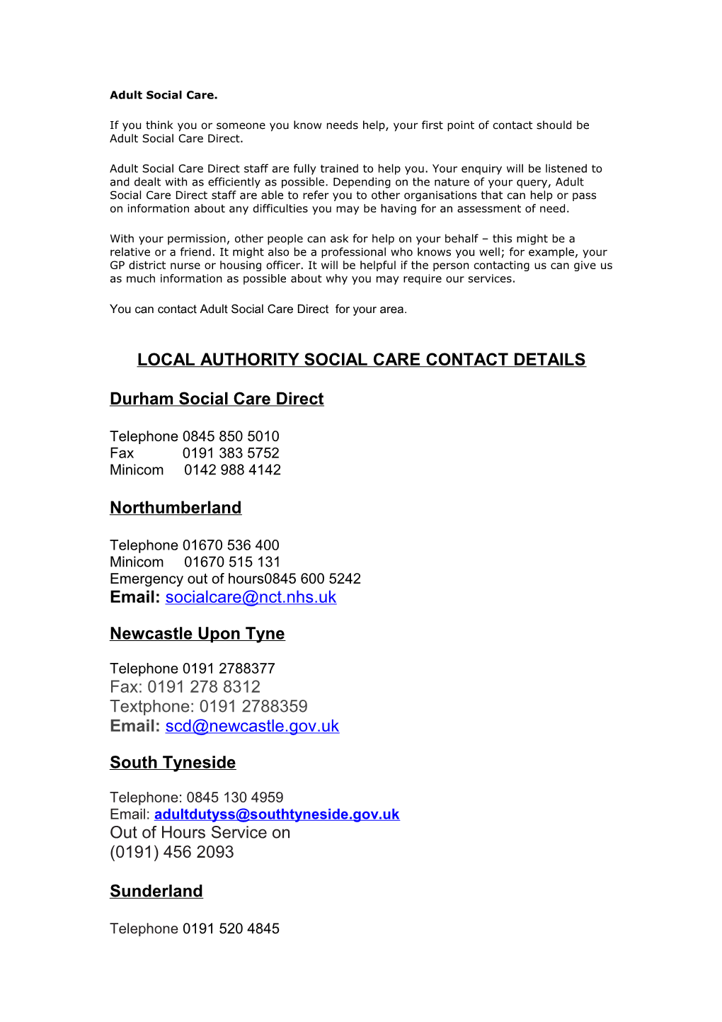 Local Authority Social Care Contact Details