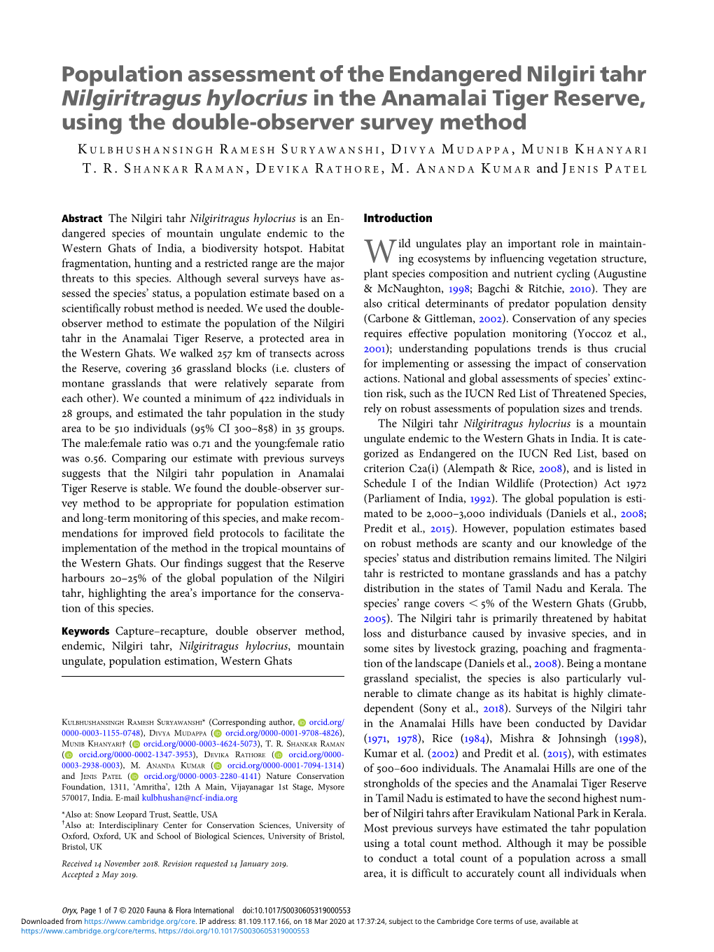 Population Assessment of the Endangered Nilgiri Tahr Nilgiritragus Hylocrius in the Anamalai Tiger Reserve, Using the Double-Observer Survey Method