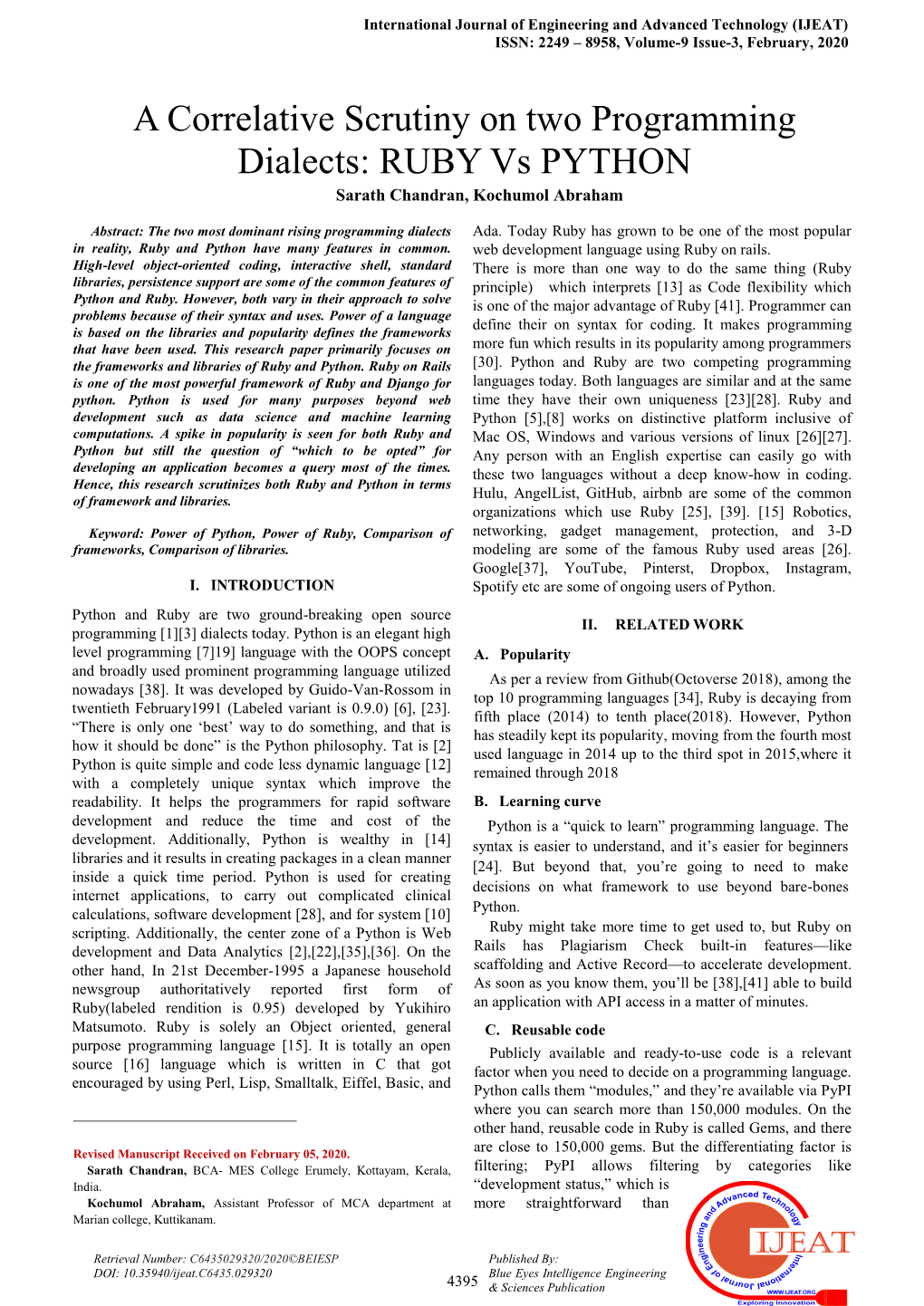 A Correlative Scrutiny on Two Programming Dialects: RUBY Vs PYTHON Sarath Chandran, Kochumol Abraham