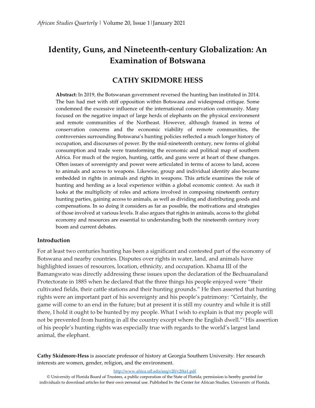 Identity, Guns, and Nineteenth-Century Globalization: an Examination of Botswana